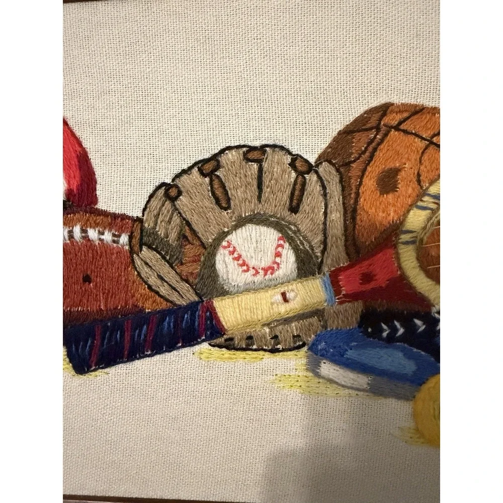 Vintage Crewel Embroidery Sports Wall Art Football Baseball Tennis Framed
